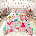 Castle Fairy Merry Christmas Kids Comforter Set Twin Size,Cartoon Xmas Style Cute Animals Bedding Set for Kids Boys Men,Santa Claus Pine Trees Pink Checkered Quilted Duvet Set with 1 Pillowcase