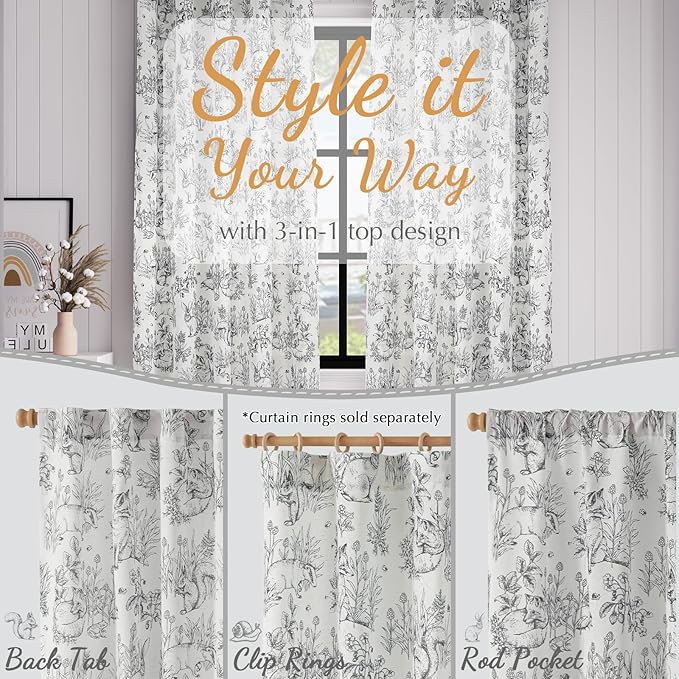 jinchan Linen Nursery Curtains 63 inch Long Woodland Wildlife Black Print Drapes for Kid's Room Light Filtering French Country Farmhouse Curtains with Bunny and Forest Design Set of 2 Panels