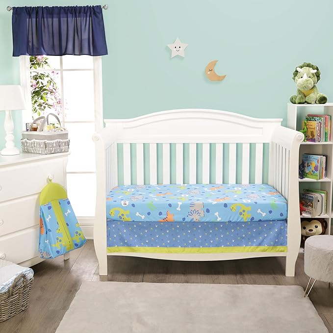 EVERYDAY KIDS Dinosaur 4 Pc Crib Bedding and Nursery Set Includes Baby Bed Quilt, Fitted Sheet, Dust Ruffle and Diaper Stacker; Triceratops and T-Rex Dino Design for Baby Boys