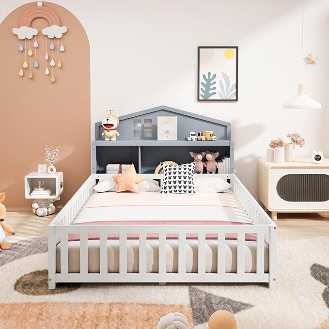 Headboard Storage Cabinet for Full-Size Montessori Floor Bed, Grey,Freely Collocation