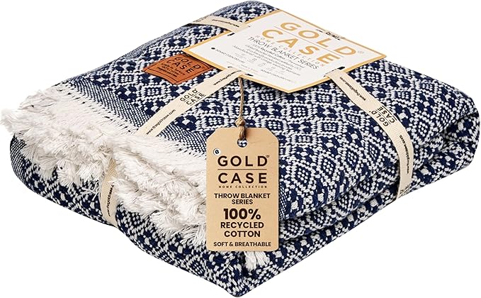 Gold Case Throw Blanket for Couch - 100% Recycled Turkish Cotton Blankets & Throws - Retro Soft Throw Blankets for Living Room - Boho Decorative Woven Couch Blanket - 60x80 - Navy Blue