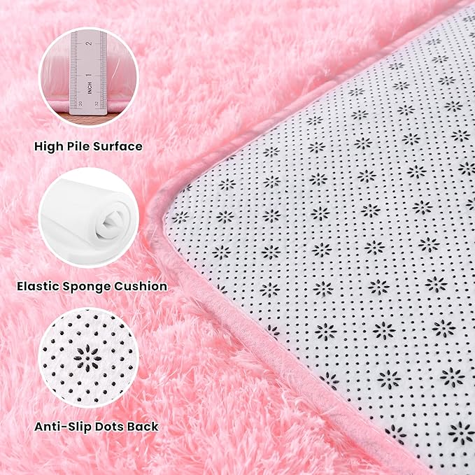 2x3 Fluffy Pink Area Rug - Soft Cute Shag Fuzzy Rug for Bedroom - Anti-Skid Living Room Girls Rug Pink Home Decor