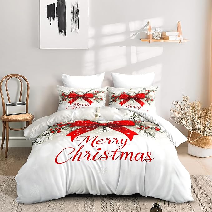 Christmas Duvet Cover Queen Size Merry Christmas Bedding Set 3 Pcs Kids Boys Girls Red Bow Pattern Comforter Cover with Zipper Closure (No Comforter)