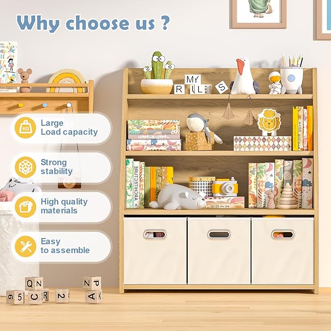 Kids Bookshelf and Toy Organizer, Wooden Kids Bookcase, Toddler Montessori Bookshelf with 3 Movable Drawers, Toy Storage Organizer for Child's Room, Living Room, Nursery