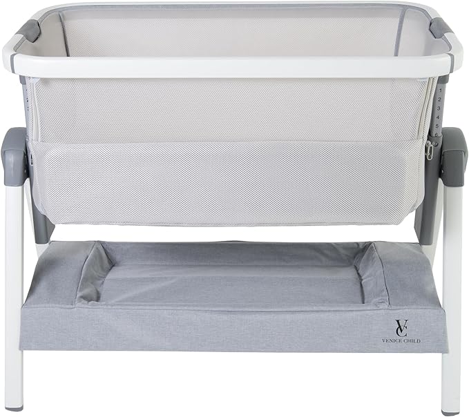 Venice Child California Dreaming Bedside Crib Bassinet w/Travel Case, Bamboo Bassinet Sheet, Removable Bamboo Compressed Cotton Mattress, Height Adjustable, Easy Clean (Gray)