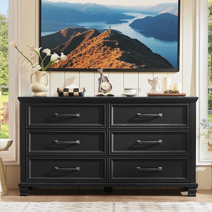 Farmhouse Bedroom Dresser and Nightstand Set of 4, 6 Drawer Low & 5 Drawers Dresser & 2 Drawer Nightstand Set, Rustic Wood Furniture Set for Bedroom, Hallway, Black