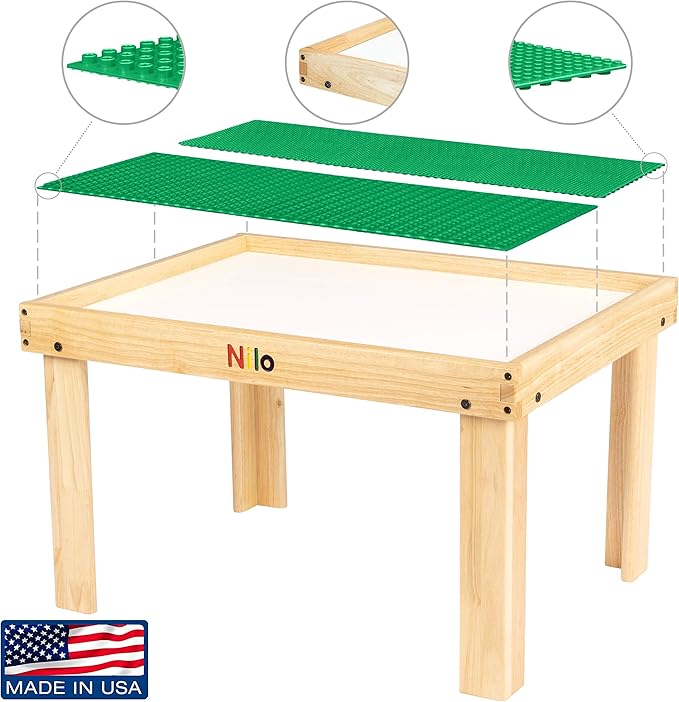NILO Kids Play Table Set with 2 Compatible Lego Duplo Detachable Two-Sided Baseplates/Boards/Mats (N34 Activity Table Without Holes, 24x32x20 and 2X Green Base Plates 12x32)