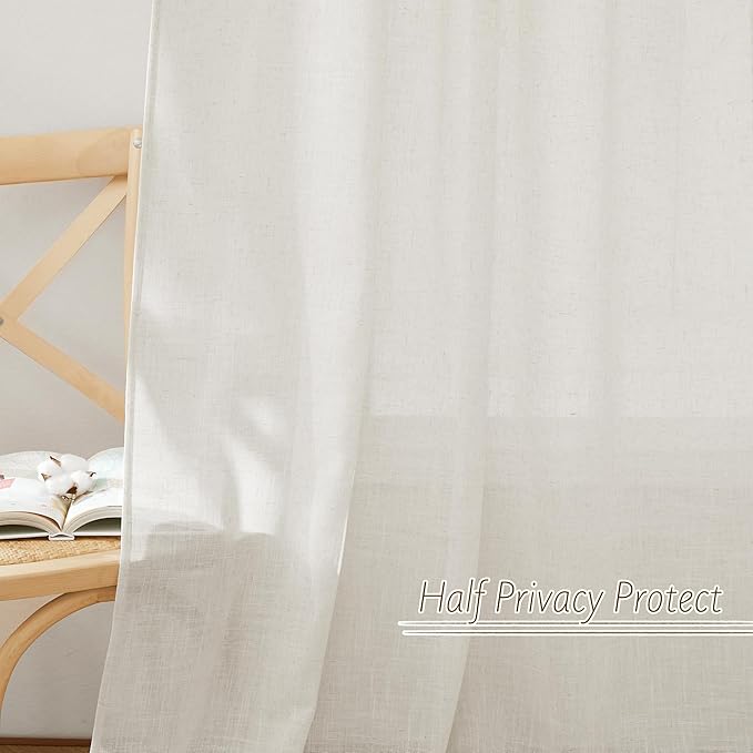 RYB HOME Linen Sheer Curtains 84 inch Long - Semi Sheer Curtains Linen Textured Tab Top Window Drapes Light Glare Filtering Privacy for Living Room Bedroom, 52 Wx 84 L, 1 Pair