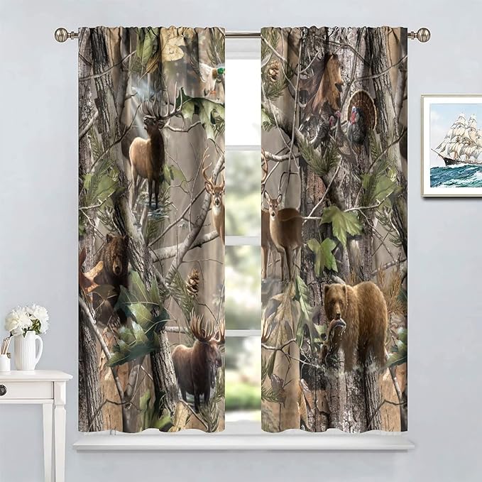 Retro Forest Window Curtains, Camouflage Hunting Tree Camo Rustic Deer Elk Bird Bear Blackout Rod Pocket Windows Door Curtain for Bedroom Living Room Home Decor 42x54in