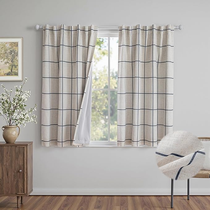 MYSKY HOME 100% Blackout Plaid Farmhouse Linen Curtains 54 Inch Long 2 Panels Set Double Layer Windowpane Drapes Thermal Insulated Privacy Protection Rod Pocket Back Tab, 52" W, Navy Blue