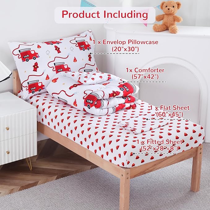 Viviland Fire Truck Toddler Comforter Sets, Cute Boys Girls Toddler Bedding Set, Soft Microfiber Fire Engine Toddler Bed Set