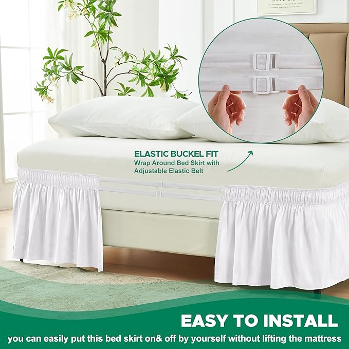 Biscaynebay Wrap Around Bed Skirts for Twin & Twin XL Beds 15" Drop, White Adjustable Elastic Dust Ruffles Easy Fit Wrinkle & Fade Resistant Silky Luxurious Fabric Machine Washable