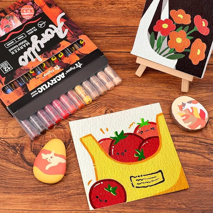 Paint Pens Acrylic Markers - 12 Warm Tone Brush Tip Water Based Marker Pens for Rock Painting, Wood, Ceramic, Glass, Acrylic Paint Markers for Egg Pumpkin