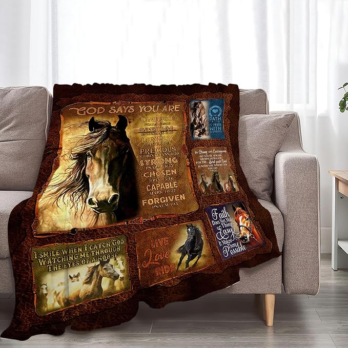 jerkboo Horse Blanket Throws Horse Gifts Christian Horse Throw Blanket for Girls Women Kids Adults Soft Warm Cozy Fleece Blanket for Couch Sofa Bed 60""x50""