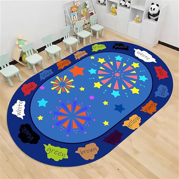 Kids Educational Rug, 4x5ft, Children's Area Rugs for Learning Colors and Shapes, Stars Firework Pattern Oval Rug for Classroom Playroom, Soft Non-Slip Blue Floor Mat for Boys Girls Bedroom