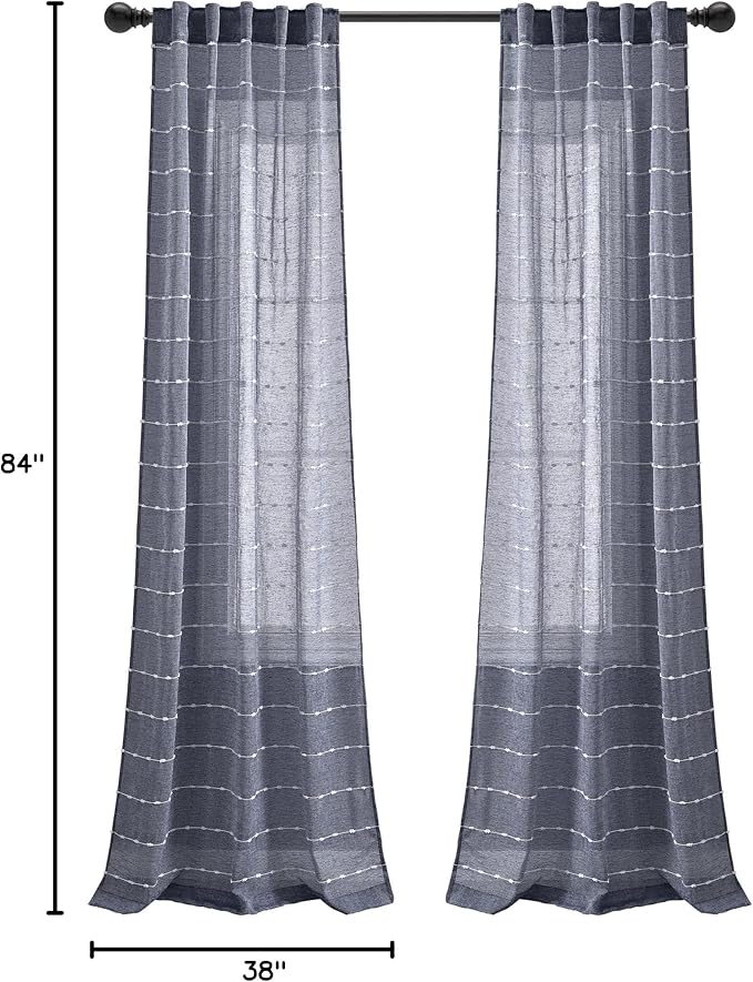 Lush Decor Farmhouse Textured Back Tab/Rod Pocket Sheer Window Curtain Panel Pair, 38"W x 84"L, Navy