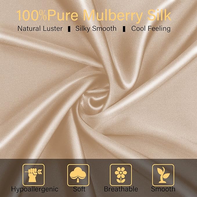100% Mulberry Silk Pillowcase 2 Pack for Hair and Skin,with Hidden Zipper,Both Sides 22 Momme Natural Silk Pillow Cover,Soft Breathable & Smooth (Beige, Queen)