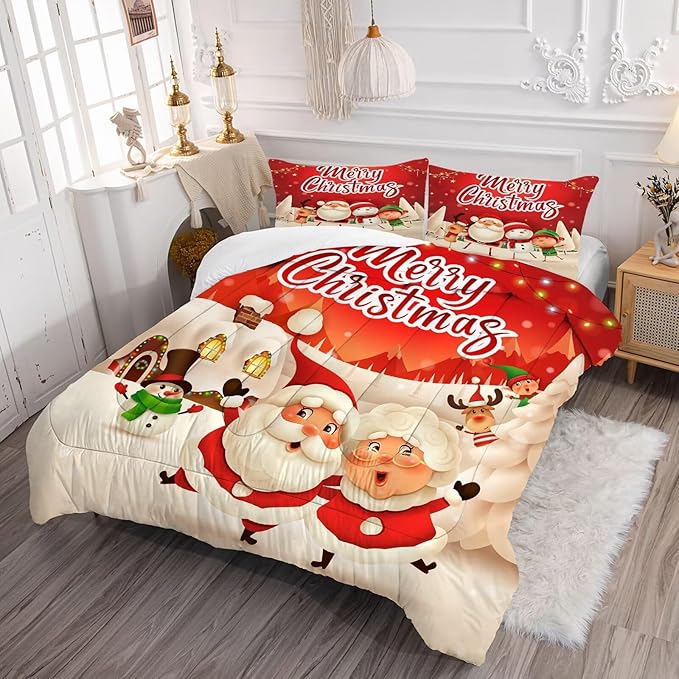 Christmas Comforter Set Full Size Red Plaid Bedding Sets Xmas Gift Christmas Themed Festival Winter Snow Quilt Set,1 Comforter + 2 Pillow Cases