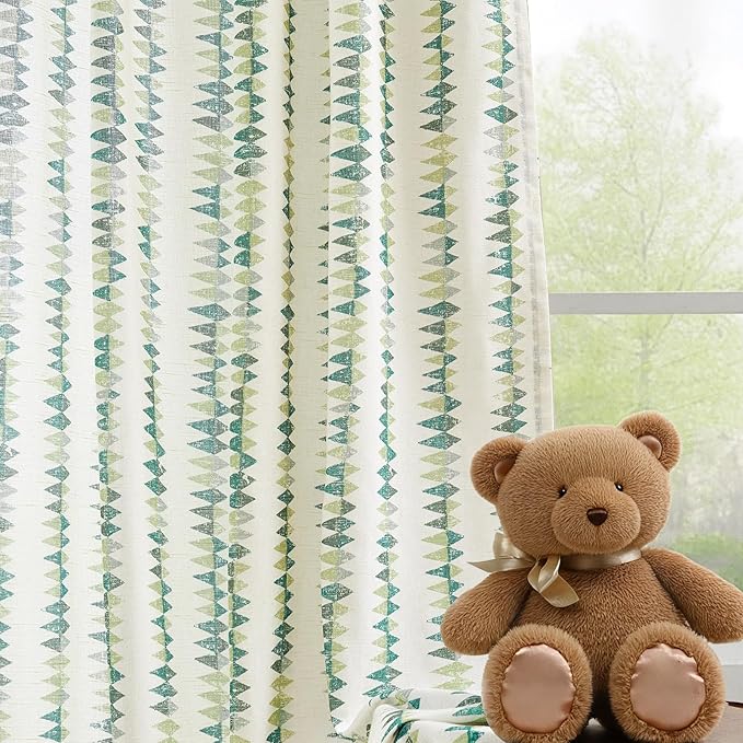 jinchan Linen Nursery Curtains for Living Room Boho Curtains for Bedroom Kids Room 63 Inches Long Geometric Printed Farmhouse Drapes Rod Pocket Window Treatment Curtain Set of 2 Panels Green