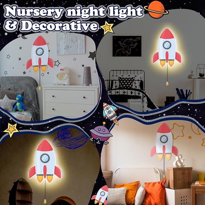 Space Rocket Night Light Wall Lamp Sleeping Nursery Lighting Cute Floating Battery Operated Hanging Lamp for Baby Boys Girls Bedroom Room Nursery Wall Decorations