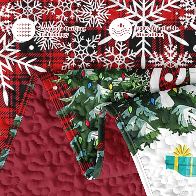Christmas Full/Queen Size Quilt Set, Green Cartoon Trees Lightweight Bedspread Coverlet with Pillow Shams for Kids and Adults, Black Red Plaid 3 Pcs Bedding Bed Cover