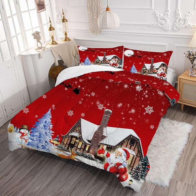 kxry Merry Christmas Bedding Set Santa Claus Deer Christmas Tree Snowman Comforter Quilt Twin Size for Girls Boys Kids 1 Comforter + 1 Pillow Case