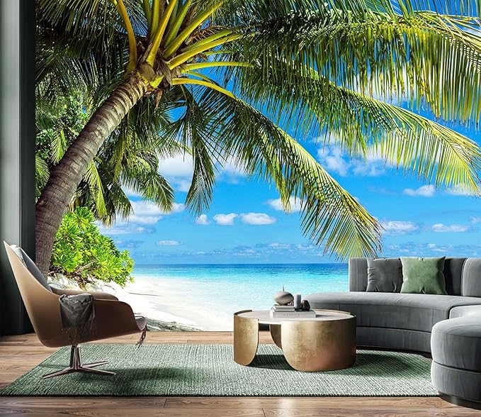 AFZEVEB-Beach Wall Mural Tropical Palm Tree Landscape Wallpaper for Bedroom 136"x96"(Not Peel and Stick)