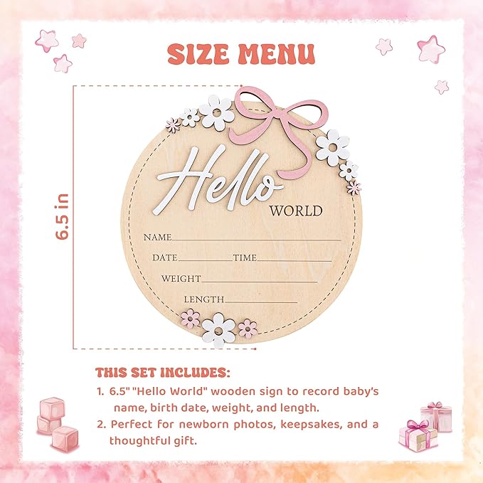 Wooden Baby Announcement Sign 6 Inch Round Birth Stat Plaque with Floral and Bow Design (Hello World)