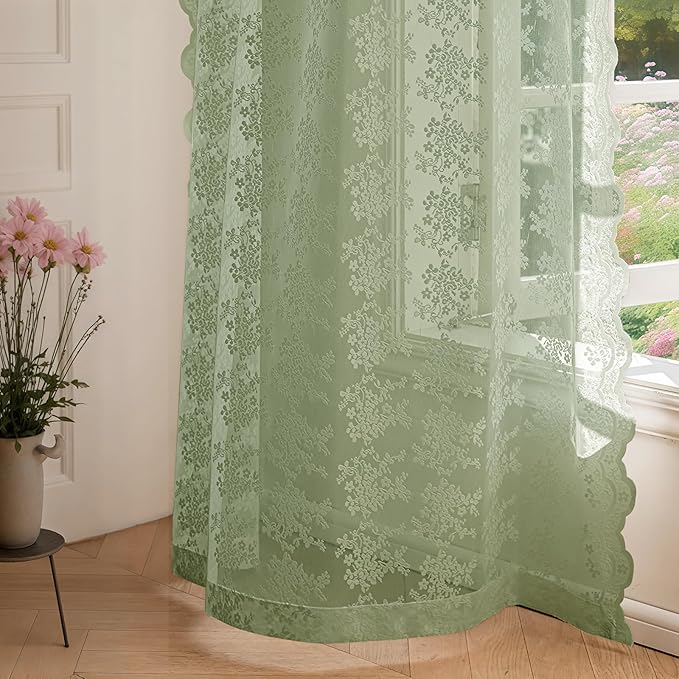 Anmao Vintage Lace Kitchen Curtains 24 Inches Long 2 Panels, Romantic Semi Sheer Floral Over Sink Lacy Cafe Curtain, Elegant Window Short Small Drapes, 55W x 24L, Sage Green