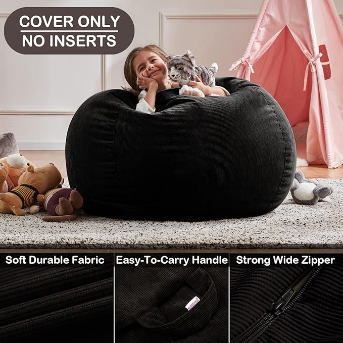 Nobildonna 3 ft Bean Bag Chair Cover (No Filler) 35"×43" Large Stuffed Animal Storage Bean Bag Washable Big Beanbag Chair Cover Premium Corduroy Stuffable Bean Bag Cover for Adults,Kids,Black 300L