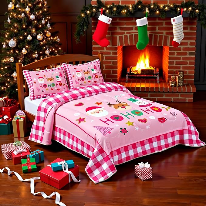 Merry Christmas Kids Comforter Set Full Size,Cartoon Santa Claus Snowman Deer Bedding Set,Boys Girls Adults Room Decor,Geometric Grids Fashion Down Comforter,Pink Xmas Duvet Insert,2 Pillowcases