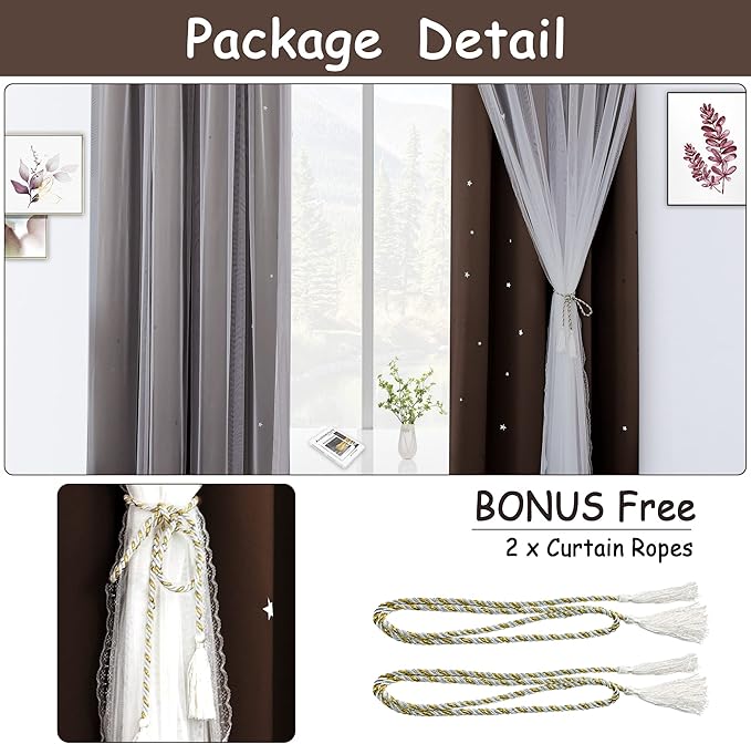 Kinryb Kids Blackout Curtains for Bedroom/Living Room/Classroom, Sheer Overlay Small 2 Panel Set, Double Layer Curtains with Star Cutout for Kids Room(W 52 x L 45 Inches,Chocolate 2 Pcs)