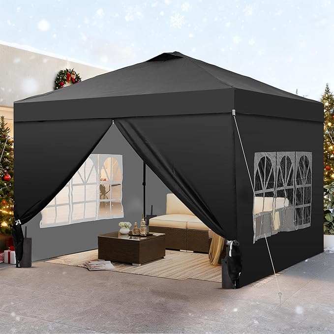 GDY 10x10 Pop Up Canopy Tent with 4 Sidewalls, Easy Set up with One Push Lift Outdoor Silver Coated Beach Gazebos, Carpas with 4 Sandbags, for Pool, Events, Parties, and Camping, Black.