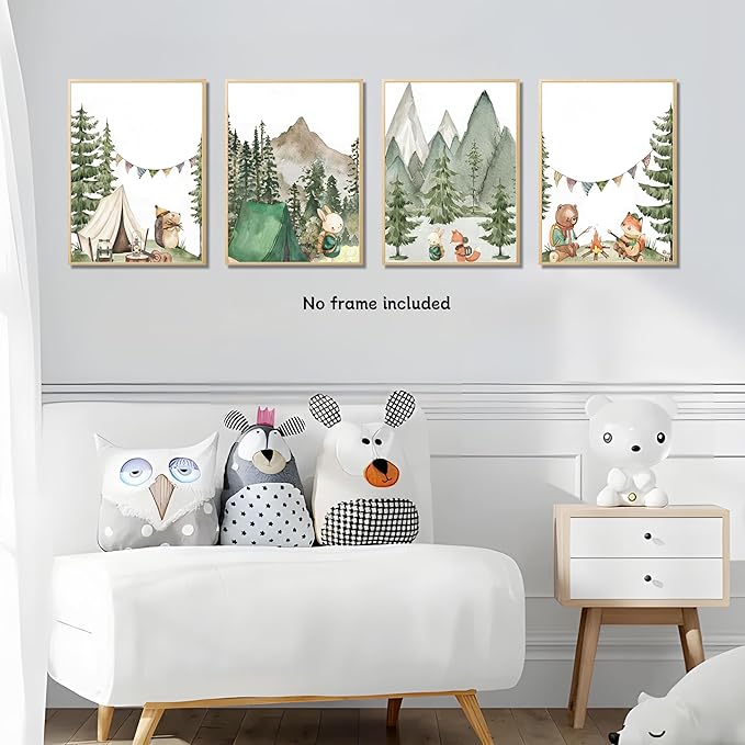 Woodland Adventure Nursery Canvas Wall Art Set of 4 Camping Animal Prints BearFox Rabbit Hiking PostersForest Mountain Themed Kids Room PictureNature Exploration Wall Decor Frameless 16x24In ﻿