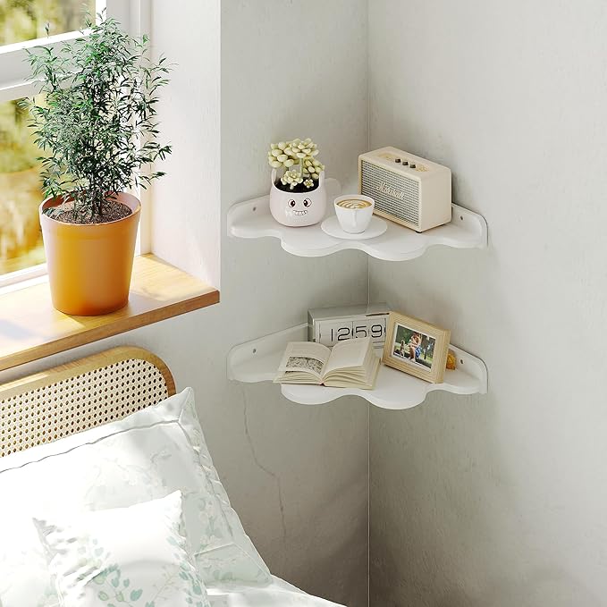 Cloud Corner Shelf Wall Mount, 2-Tier Floating Wavy Corner Wall Shelves with Cord Hole, White Funky Corner Shelves for Kid’s Room, Cute Shelves Display for Nursery,Bedroom,2 Sizes in One Set.