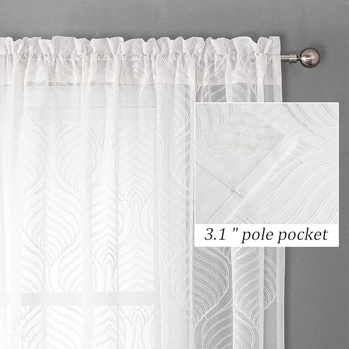 VISIONTEX White Sheer Curtains 84 Inches Long 2 Panels Set Moroccan Embroidery Texture Geometric Rod Pocket Ivory White Voile Tulle Semi Window Treatment Pair for Bedroom Living Room 54 x 84 Inches