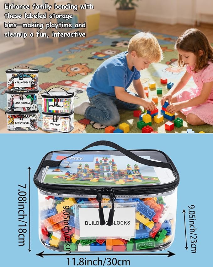 6 Pack Clear Toy Storage Bags with Tag and Manual Pocket – Versatile Waterproof Organizer Bags for Lego Bricks, Board Games, Building Blocks, Puzzles, Dolls, Books (X-Large Size, Black)