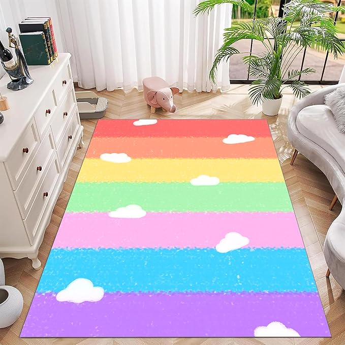 Soft Rainbow Area Rugs Girl's Bedroom Fluffy Colorful Rugs Cute Floor Mats Furry Children's Play Mats White Cloud Rainbow Prints Living Room Kids Room Nursery Home Decor 4x5ft