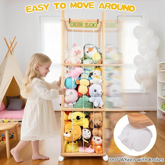 Stuffed Animal Storage with Wheels Wooden Stuffed Animal Holder 54" Stuffed Animal Organizer Space Saving Plushies Storage with Elastic Band Large Capacity Stuffy Storage for Playroom Bedroom