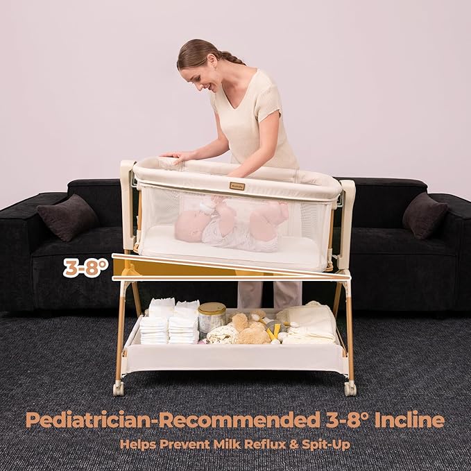 Ezebaby Baby Bassinet Bedside Sleeper: 3-in-1 Rocking Bassinet for Baby - Breathable Full-Mesh Crib with Mattress | 6 Height Adjustable | Portable Crib with Lockable Wheels for Newborns
