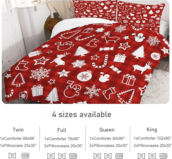 Comforter Set Plaid Christmas: Twin Size Red Bedding Set for Kids Teen Girls Boys Xmas Gift Snowflake Snowman Reindeer Pine Trees Quilt Bed Set Festival Decor 2 Piece