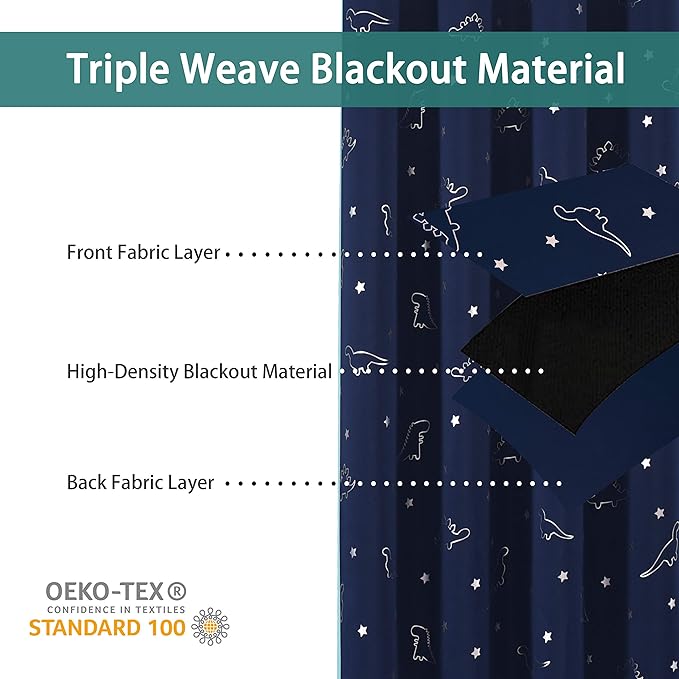 LORDTEX Dinosaur and Star Foil Print Blackout Curtains for Kids Room - Thermal Insulated Curtains Noise Reducing Window Drapes for Boys and Girls Bedroom, 42 x 63 Inch, Navy, Set of 2 Panels