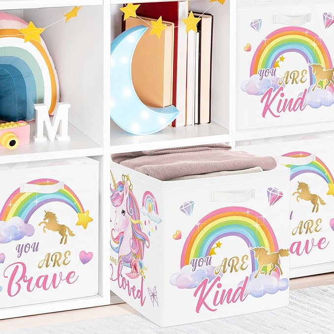 Clastyle Pink Unicorn Rainbow Kid Storage Basket Set Foldable Closet Clothes Organizer Nursery Toddler Toy Bin Girl Book Shelf Basket, Diamond, 11.8x11.8x11.8 in