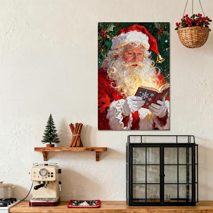 YONICA Christmas Canvas Wall Art Reading Santa 20x30 Inch Oil Painting with Glowing Book and Holly - Large Framed Gallery Wrapped Library Decor