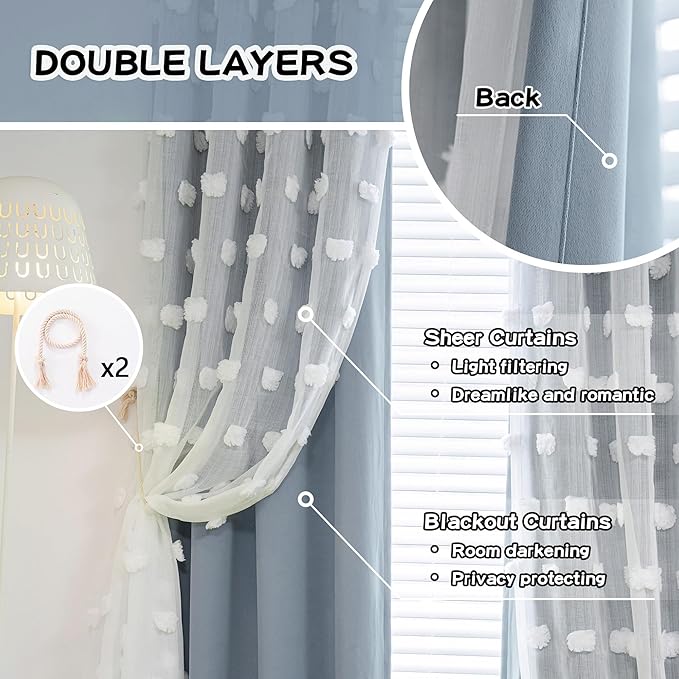 MYSKY HOME Dusty Blue Living Room Curtains 90 Inch Long Double Layer Blackout Curtains for Bedroom White Pom Pom Sheer Curtains for Kids Room Darkening Grommet Top Nursery Window Panels 52 x 90 in