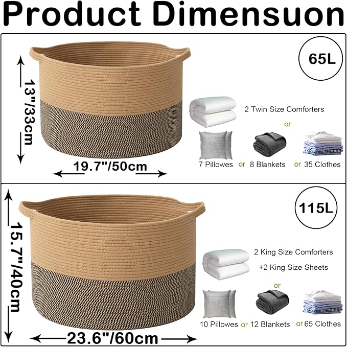 Large Blanket Basket for Organizing,65L Closet Organizers and Storage Bins Box for Shelves Woven Rope Storage Baskets,Living Room,Bedroom,Dorm,Laundry room (Jute&Black)