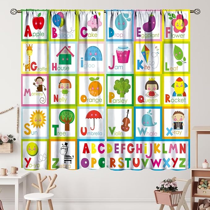Kids Alphabet Curtains Cute Cartoon Education Learning Funny Teaching Words Curtain with Rod Pocket for Bedroom Nursery Home Decor Drapes Window Treatments 2 Panels Set 52" W X 84" L