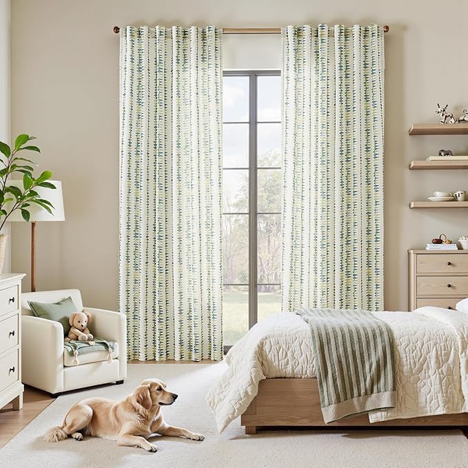 jinchan Linen Nursery Curtains for Living Room Boho Curtains for Bedroom Kids Room 96 Inches Long Geometric Printed Farmhouse Drapes Rod Pocket Window Treatment Curtain Set of 2 Panels Green