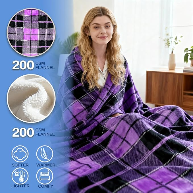 Electric Blanket Heated Throw, Soft Flannel 50"x60" Plaid Heating Blanket with 8 Hours Auto Off 10 Fast Heating Levels Machine Washable Sherpa Heated Blanket with Overheating Protection