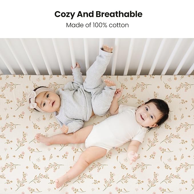 Konssy Muslin Crib Sheets for Girl Boy, 2 PCS Soft and Breathable Cotton Baby Sheets for Standard Crib Mattress, 52"x 28" (Floral, Pink)